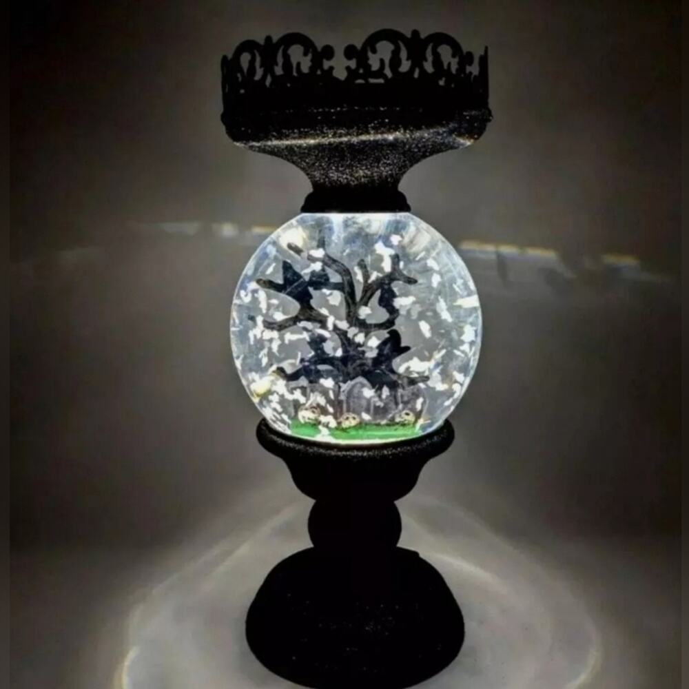NEW HALLOWEEN CEMETERY GHOST GLITTER WATER GLOBE 3-WICK PEDESTAL CANDLE HOLDER